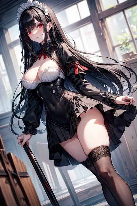 masterpiece, super detailed, precision art, beautiful young woman, 18 years old, waist length straight silky black hair, flawless pale white skin, beautiful blood red eyes, symmetrical face, sexy and beautiful but dangerous and deadly, staring into her eye...