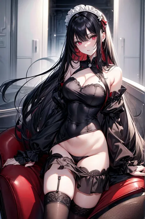 masterpiece, super detailed, precision art, beautiful young woman, 18 years old, waist length straight silky black hair, flawless pale white skin, beautiful blood red eyes, symmetrical face, sexy and beautiful but dangerous and deadly, staring into her eye...