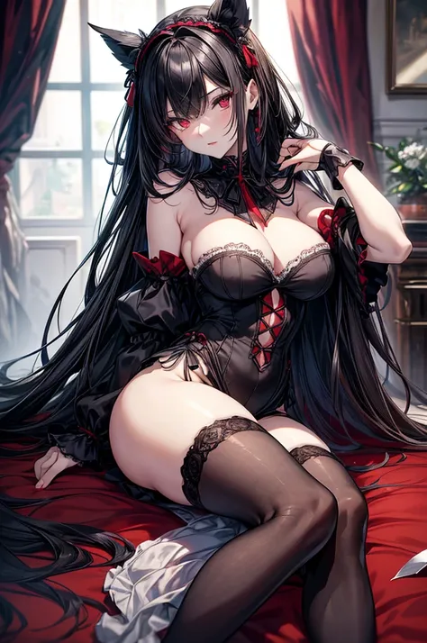 masterpiece, super detailed, precision art, beautiful young woman, 18 years old, waist length straight silky black hair, flawless pale white skin, beautiful blood red eyes, symmetrical face, sexy and beautiful but dangerous and deadly, staring into her eye...