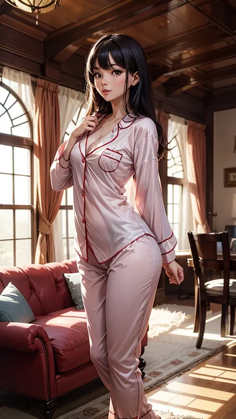 Wearing sexy pajamas, graceful figure, coquettish, study room, sofa, random enchanting movements, facing the camera, imaginative, first love