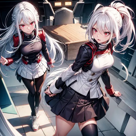 A serious girl with white hair is from Boku no Hero Academia, she has red eyes and her suit is the academy uniform and in the background she has a classroom and she is a character from Boku No Hero Academia and she has hair laughed