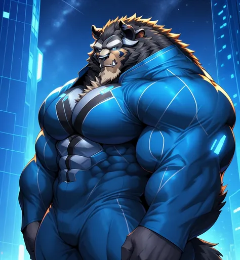 City background, skyscraper, futuristic city, night, stars, night lights, Beast from the movie Beauty and the Beast, Superhero, hero, Nadaria, massive muscles, huge pecs, chiseled ABS, huge pecs, exaggeratedly huge muscles. A furry hero whose presence insp...