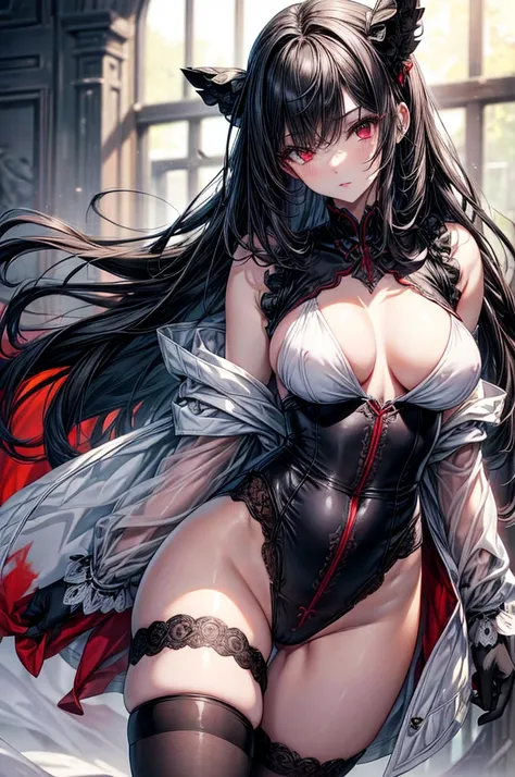 masterpiece, super detailed, precision art, beautiful young woman, 18 years old, waist length straight silky black hair, flawless pale white skin, beautiful blood red eyes, symmetrical face, sexy and beautiful but dangerous and deadly, staring into her eye...