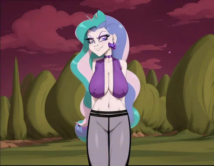 cartoon of a woman with long hair and a purple top, doing a hot majestic pose, windy mane, serpentine pose, cell shaded adult animation, she has purple hair, anthropomorphic mare, her hair is in a pony tail, furr covering her chest, she has pale blue skin!...