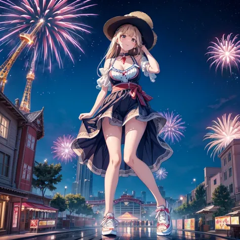 masterpiece　Unreal Engine　Anime Style　Delicate painting　4K　90s　((Night view))　((firework))　((Starry Sky))　giant　crowd　 　amusement park　　((amusement parkに立っている巨大な黒髪の水着の女の子))　clown　stuffed toy　roller coaster　Merry-go-round　crowd　Big Breasts　sneakers　Bikini S...