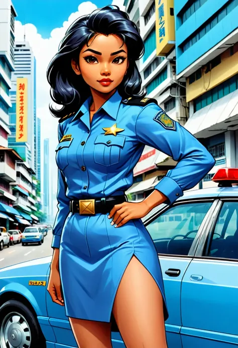 a comic book cover, 1990's comic illustration style. titled written "detektif ani" a malay woman, wearing a malaysia police unif...