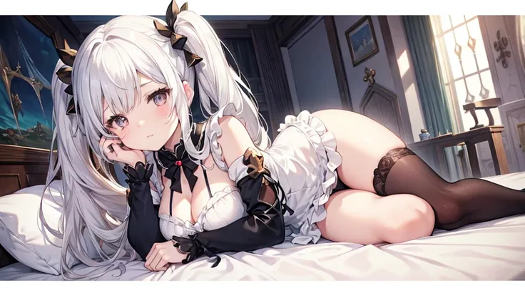 A more mature girl、White Hair、Twin tails、Granblue Fantasy、The Ten Sages Frau、4K、R18、age25、Background Bed