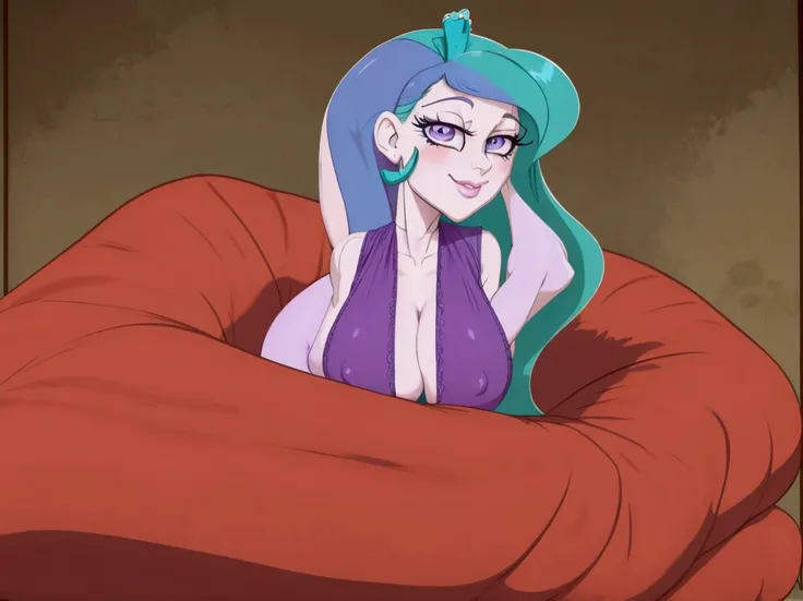 there is a cartoon of a woman with blue hair and a purple dress, sexy pudica pose gesture, holding a pudica pose, anthropomorphic mare, doing a hot majestic pose, windy mane, wistful bosom, serpentine pose, scales covering her chest, scales on her chest, n...