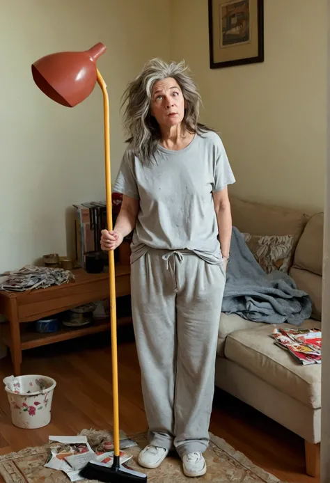 A 53-year-old woman, of a heavyset build, dressed in casual home clothes. She is wearing a faded, loose-fitting T-shirt and old, worn-out sweatpants. Her hair, gray with some darker strands, is a bit messy, with loose locks falling over her forehead. Her e...