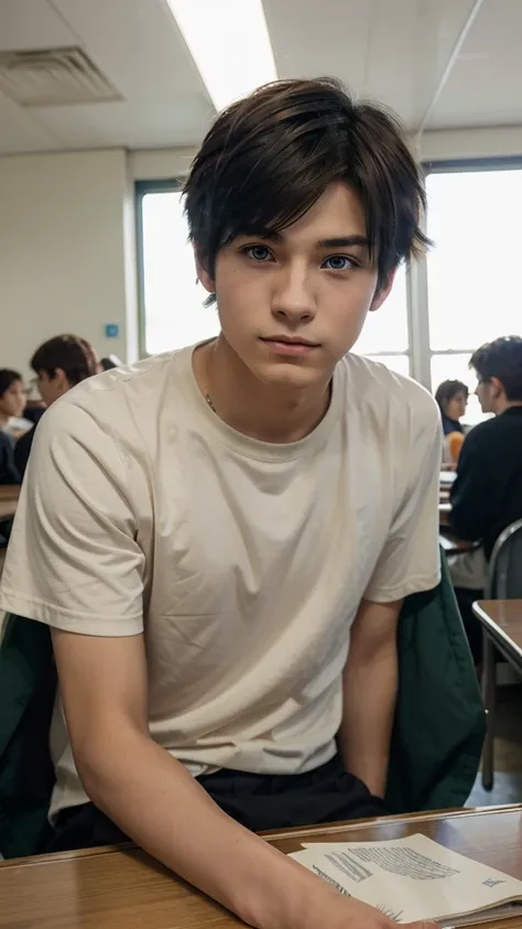 anime: A 15-year-old anime boy was sitting in the cafeteria of his high school., He had facial features that made him look cute., His short hair was a light raven color., He had heterochromia which differentiated him from the rest., with his left eye green...