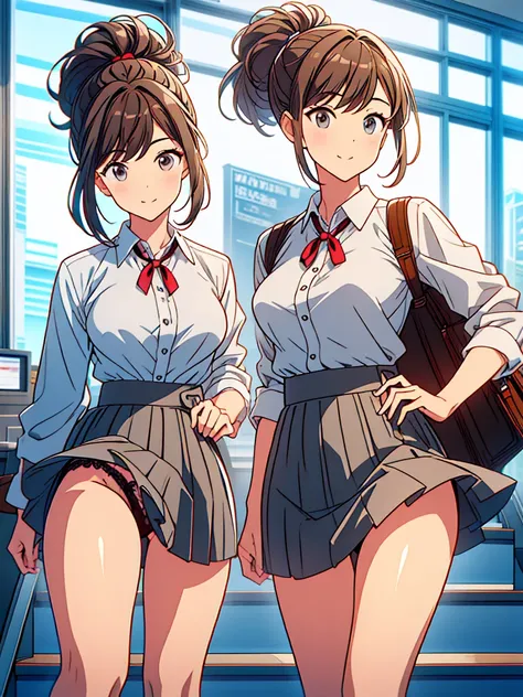 masterpiece, Highest quality, Absurd, Perfect Anatomy, Beautiful background, 1 Office Lady、from the front、From below、(Multiple Views)Portraiture、 ponytail、ribbon、Brown Hair,smile、Office Suits、Station stairs、Grey tight mini skirt、White lace panties、