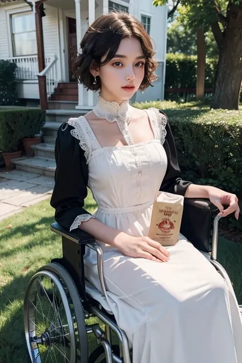 a single 18 year old girl, He has short hair, white and very curly, She is very beautiful, with tender, very beautiful, and she is wearing a long orange dress from the Victorian era, wheelchair bound, inside an old house