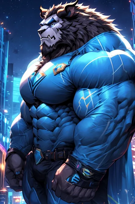 City background, skyscraper, futuristic city, night, stars, night lights, Beast from the movie Beauty and the Beast, Superhero, hero, Nadaria, massive muscles, huge pecs, chiseled ABS, huge pecs, exaggeratedly huge muscles. A furry hero whose presence insp...