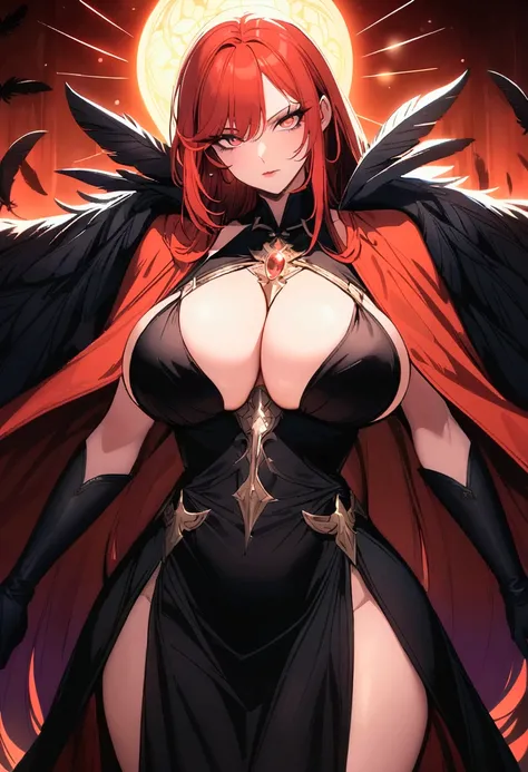 A sorceress with long red hair, long black low-cut dress, black feathers on the shoulders of the dress, bountiful breasts, evil gaze 