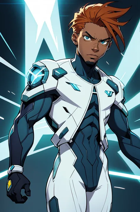 static shock, offwhite, redhead with green eyes, white male, with clothes like static shock, with rays in the background, style cartoon