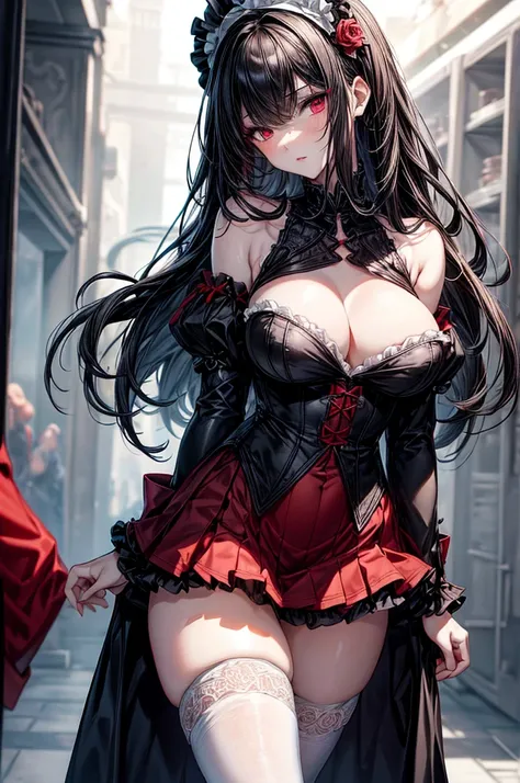 masterpiece, super detailed, precision art, beautiful young woman, 18 years old, waist length straight silky black hair, flawless pale white skin, beautiful blood red eyes, symmetrical face, sexy and beautiful but dangerous and deadly, staring into her eye...