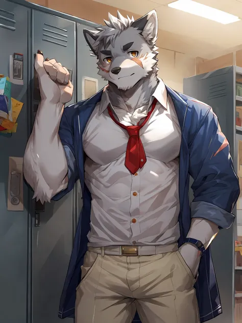 embedding:Gray wolf,Golden Eyes，Single Person,a scar on the face.Gray fur，High school students,male school uniform,A buzz cut,no hair,gray fur,gray hair,Standing by the school locker,Male,Handsome,muscle,A little nervous,Smart,Best quality hands, best qual...