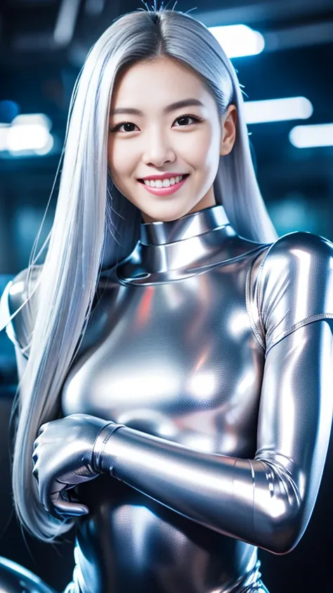 16K Ultra HD，Jilin female model，Sexy hot strong body，muscular，Very tall body，Elongated face shape1.3，whole body，Smile，Silver hair，Futuristic sci-fi mechanical tights