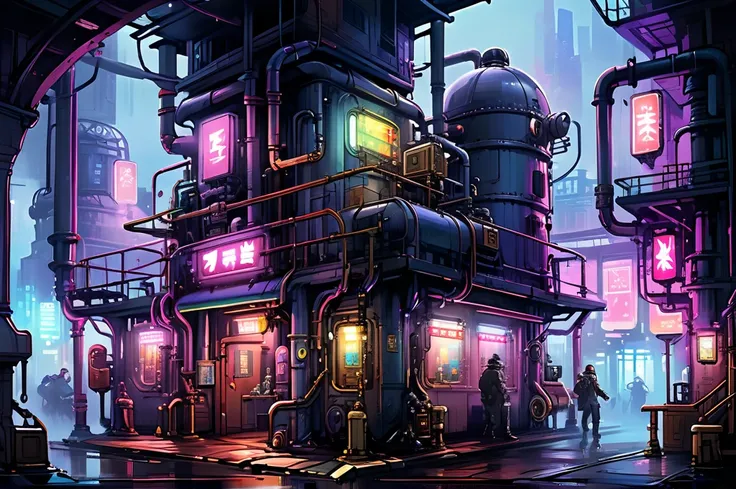 2d game scene, oil and watercolor painting, steampunk scene, cyberpunk elements, neon lights, steam, fog, (masterpiece:1.2), best quality ghist city 