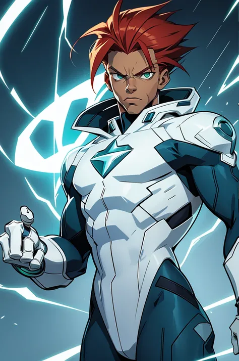 static shock white version, redhead with green eyes, white male, with clothes like static shock, with Rays coming out of the hand, style cartoon