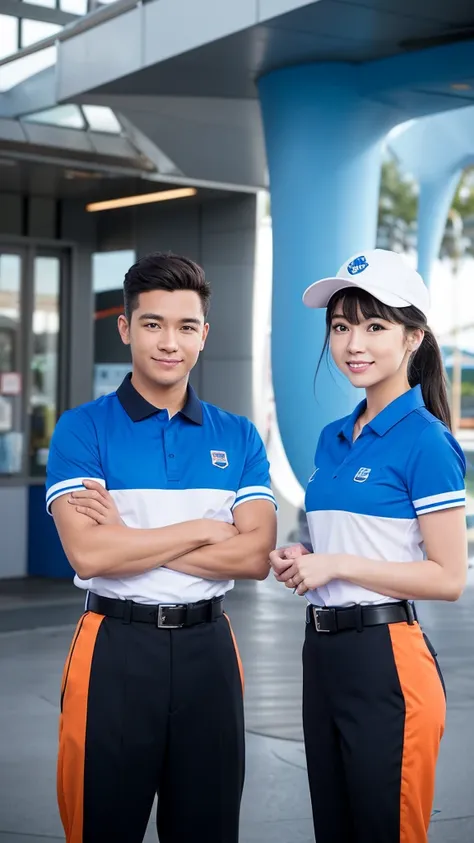 Create an image of two theme park employees standing side by side. They should be wearing matching uniforms that feature a futuristic design with blue as the primary color and orange accents. The uniforms should include black undershirts, black belts, and ...