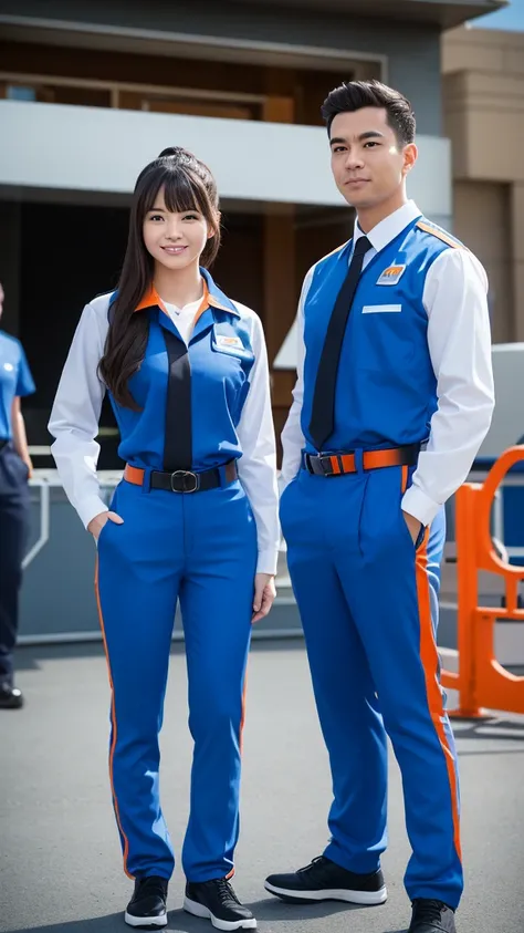 Create an image of two theme park employees standing side by side. They should be wearing matching uniforms that feature a futuristic design with blue as the primary color and orange accents. The uniforms should include black undershirts, black belts, and ...