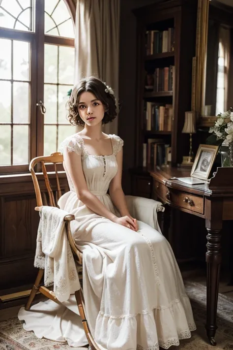 An 18 year old girl with short hair, white and very curly, sitting in an old wheelchair. She is very beautiful and has a tender air. She wears a long orange dress from the Victorian era, with lace and delicate details. The scene is set inside an old Victor...