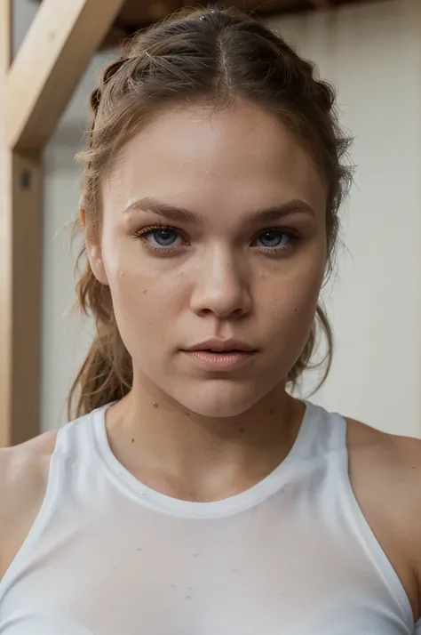 ronda rousey, 1 woman, white t-shirt, short jeans, detailed face, beautiful detailed eyes, beautiful detailed lips, extremely detailed eyes and face, long eyelashes, hyper realistic, high quality, 8k, photorealistic, professional photography, natural light...