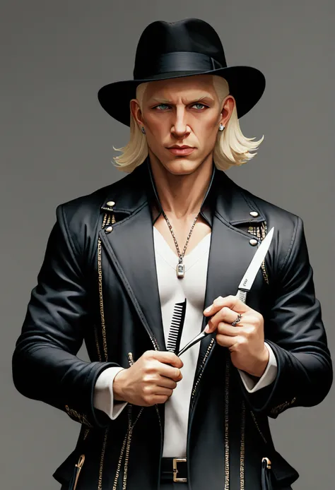 (masterpiece), (Very detailed),(body:1.9),One Man, White Blonde Hair，Shaved Head，Black jacket，Black Hat，Holding scissors and comb