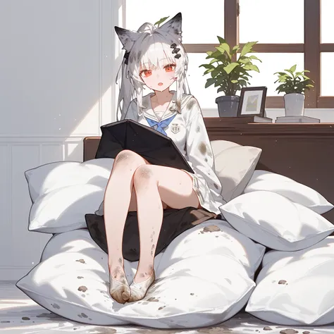 1 girl,dirty,foot,foot底,Red Eyes，breast,solitary,Long hair,White hair,,foot趾,foot部焦点,Looking at the audience,sit,Sweat,open mouth,dirty foot,Keep,indoor,Pillow,Bangs，White knee socks，Fox ears，There&#39;foot的泥土，，Uniforms，Japanese style，dirtyPillow，dirty床，女孩...