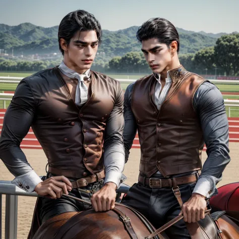 Solo a muscular, attractive, black hair with somewhat tan skin, brown eyes, sharp jawline, thick eyebrows, racing silks outfit with bright and colorful colors inspired by polo men. Horse race track in the background 
With people riding horses.