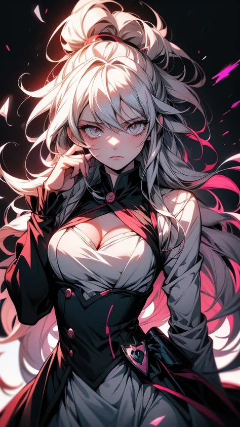 Anime girl holding a gun, nagito komaeda, Gwaiz, Yandere, gapmoe Yandere grimdark, change, gapmoe Yandere, fubuki, splash art anime change,  In a dress, by Kamaguruka, Beautiful and detailed anime art, portrait gapmoe Yandere grimdark, by Shimo