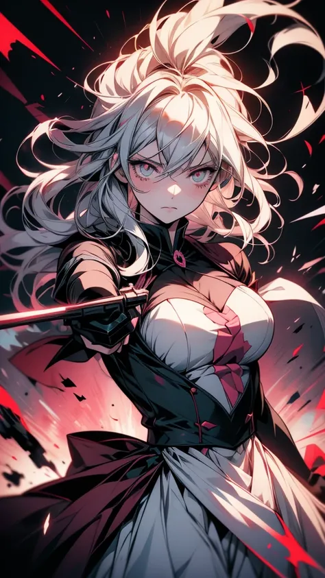 Anime girl holding a gun, nagito komaeda, Gwaiz, Yandere, gapmoe Yandere grimdark, change, gapmoe Yandere, fubuki, splash art anime change,  In a dress, by Kamaguruka, Beautiful and detailed anime art, portrait gapmoe Yandere grimdark, by Shimo