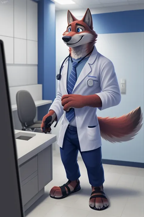 joachim wolfbach (zootopia),tall handsome, wolf,young, 24 years, brown fur,(red body:1.3),blue eyes, moscow dressed,gray medical...