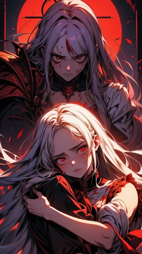 anime girl hugging another girl with Blood on her face, Yandere, gapmoe Yandere, Yandere intricate, gapmoe Yandere grimdark, Yandere. expensive, ( ( ( yoh yoshinari ) ) ), Bloody scene, [[Blood]], shalltear Bloodfallen, Singey, by Kamaguruka, Nightcore, Bl...