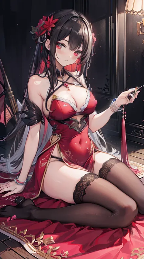 (Very Detailed CG Unity),detailed clothing, Masterpiece, Delicate and extremely beautiful, Full body image of, 1 girl, Sitting position,  messy hair, Beautifully detailed eyes，red eyes, Lace stockings，flower，Succubus&#39; horn，flat，Avoid extra legs., big b...