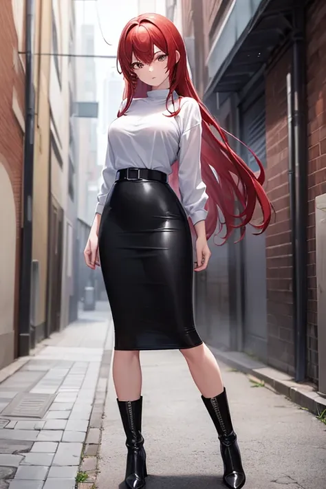 ((masterpiece, best quality, ultra-detailed)), 1girl, beautiful woman looking at viewer, oversized shirt, black midi pencil skirt, long black pencil skirt, leather boots, full body, red hair, messy hair, city, alleyway