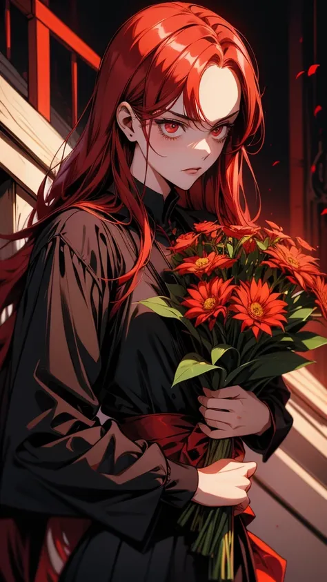 Anime girl with red hair and wearing a black suit holding a bouquet of red flowers, Yandere, Yandere. expensive, gapmoe Yandere, ( ( ( yoh yoshinari ) ) ), by Kamisaka Sekka, by Kamaguruka, gapmoe Yandere grimdark, Chainsaw Man, Written by Chi Dahe, Chains...