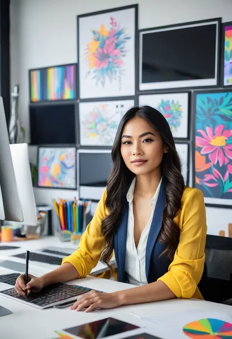 Create an image of a professional Malayan pretty beautiful woman working as a graphic designer in a modern, stylish office. She is seated at a sleek desk with a large, high-resolution monitor displaying vibrant, creative design work. The workspace is fille...