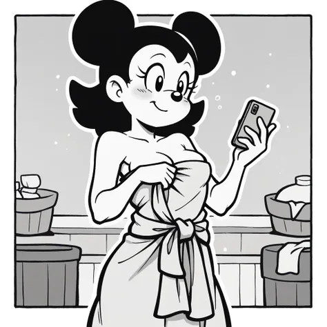 (score_9, score_8_superior), minnie mouse, wrapped in a towel, medium chest, have a phone