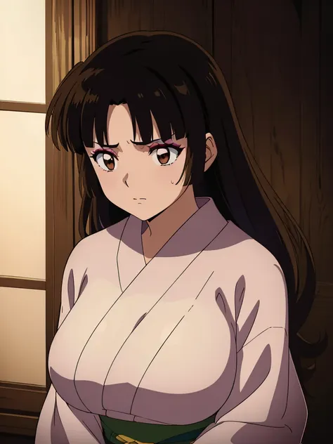 coral,(((((long、brown eyes、eyeshadow))))) 、(((((tits)))))、((((kimono、tits))))、sweaty、solo,sad face,sad、((((sad face))))、anime、（（...