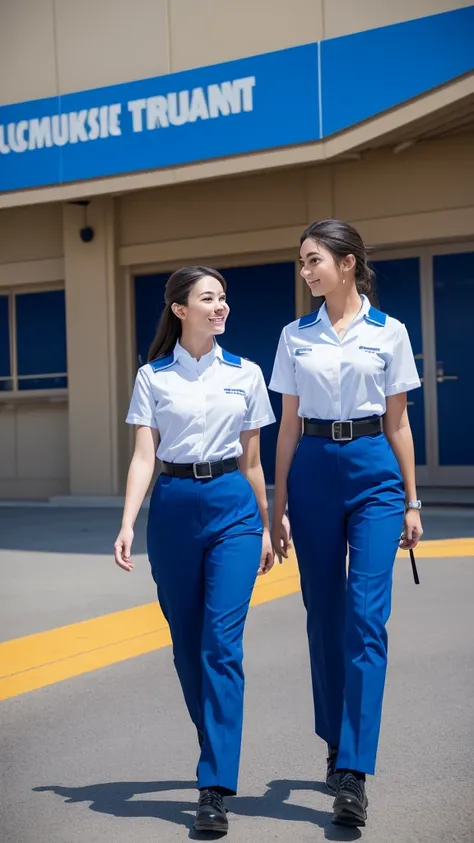 Create an image of two theme park employees standing side by side. They should be wearing matching uniforms that feature a futuristic design with blue as the primary color and orange accents. The uniforms should include black undershirts, black belts, and ...