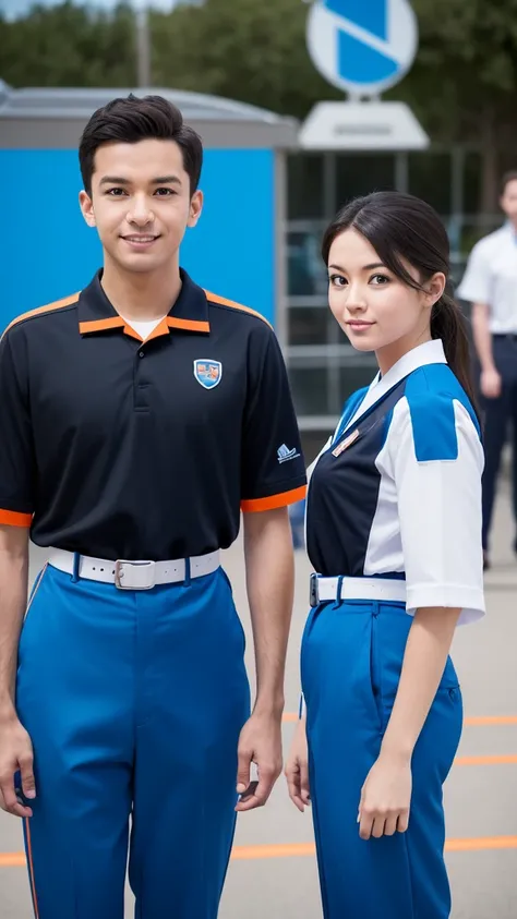 Create an image of two theme park employees standing side by side. They should be wearing matching uniforms that feature a futuristic design with blue as the primary color and orange accents. The uniforms should include black undershirts, black belts, and ...