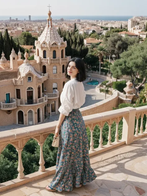 her name is Amelie, high quality, 1girl, ((25-year-old fit Caucasian woman)), ((25 years old)), ((SLIM)), ((Micro Bob dark hair)), pose: standing, wearing Popular Generation-Z modern wear elegant colored, BACKGROUND:"In Park Güell, surrounded by Gaudís col...