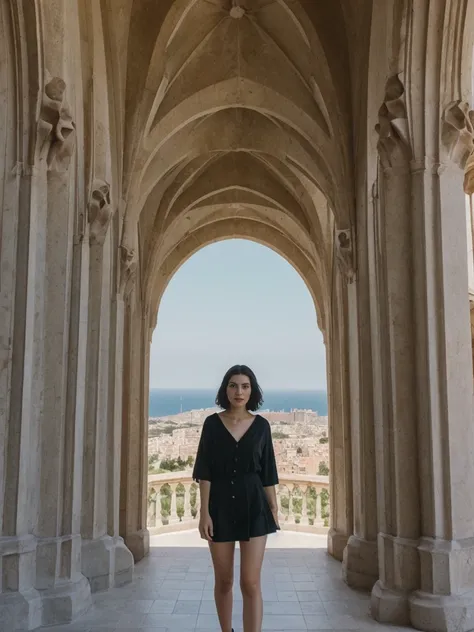 her name is Amelie, high quality, 1girl, ((25-year-old fit Caucasian woman)), ((25 years old)), ((SLIM)), ((Micro Bob dark hair)), pose: standing, wearing Popular Generation-Z modern wear elegant colored, BACKGROUND:"In Park Güell, surrounded by Gaudís col...