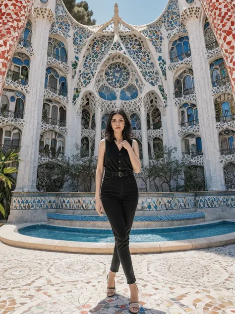 her name is Amelie, high quality, 1girl, ((25-year-old fit Caucasian woman)), ((25 years old)), ((SLIM)), ((Micro Bob dark hair)), pose: standing, wearing Popular Generation-Z modern wear elegant colored, BACKGROUND:"In Park Güell, surrounded by Gaudís col...