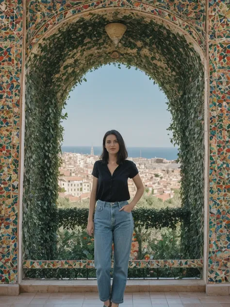 her name is Amelie, high quality, 1girl, ((25-year-old fit Caucasian woman)), ((25 years old)), ((SLIM)), ((Micro Bob dark hair)), pose: standing, wearing Popular Generation-Z modern wear elegant colored, BACKGROUND:"In Park Güell, surrounded by Gaudís col...