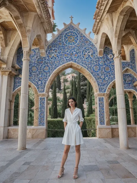 her name is Amelie, high quality, 1girl, ((25-year-old fit Caucasian woman)), ((25 years old)), ((SLIM)), ((Micro Bob dark hair)), pose: standing, wearing Popular Generation-Z modern wear elegant colored, BACKGROUND:"In Park Güell, surrounded by Gaudís col...