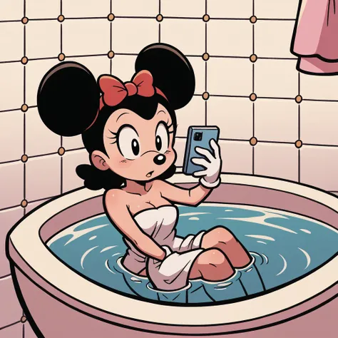 (score_9, score_8_superior), Minnie Mouse, Wrapped in a bath towel, Medium chest, Have a phone