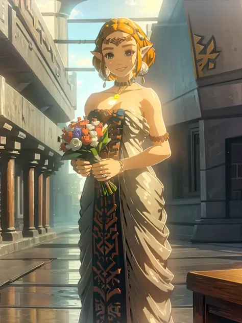 ((masterpiece)), ((best quality)), (detailed), perfect, solo, zelda, gorgeous woman, standing, holding bouquet, looking at viewer, huge breasts, indoors, wedding dress, grin, happy